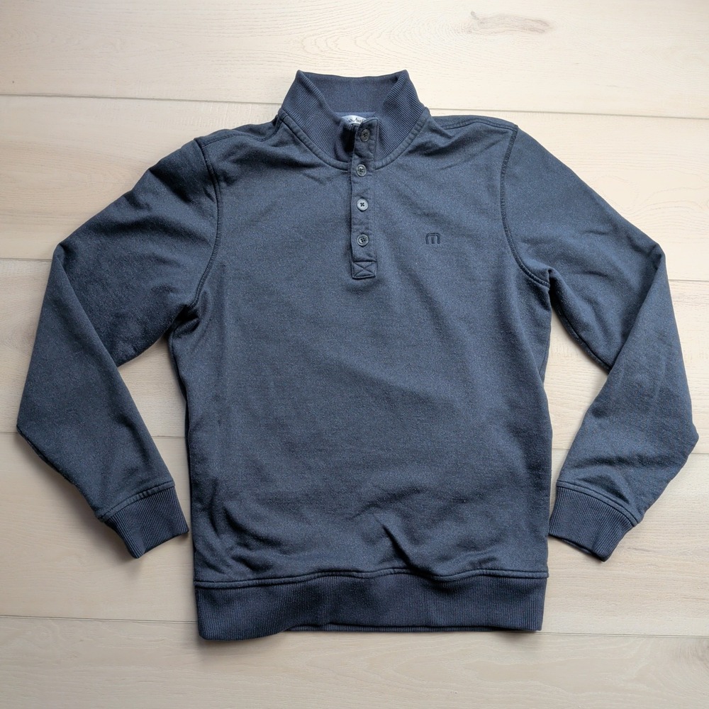 Travis Mathew Wall 1/4 Button Long Sleeve Sweater Mens M‎ Blue Pockets Golf